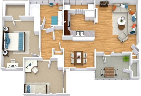 Floor plan for 2 beds, 1 bath, 996 sqft
